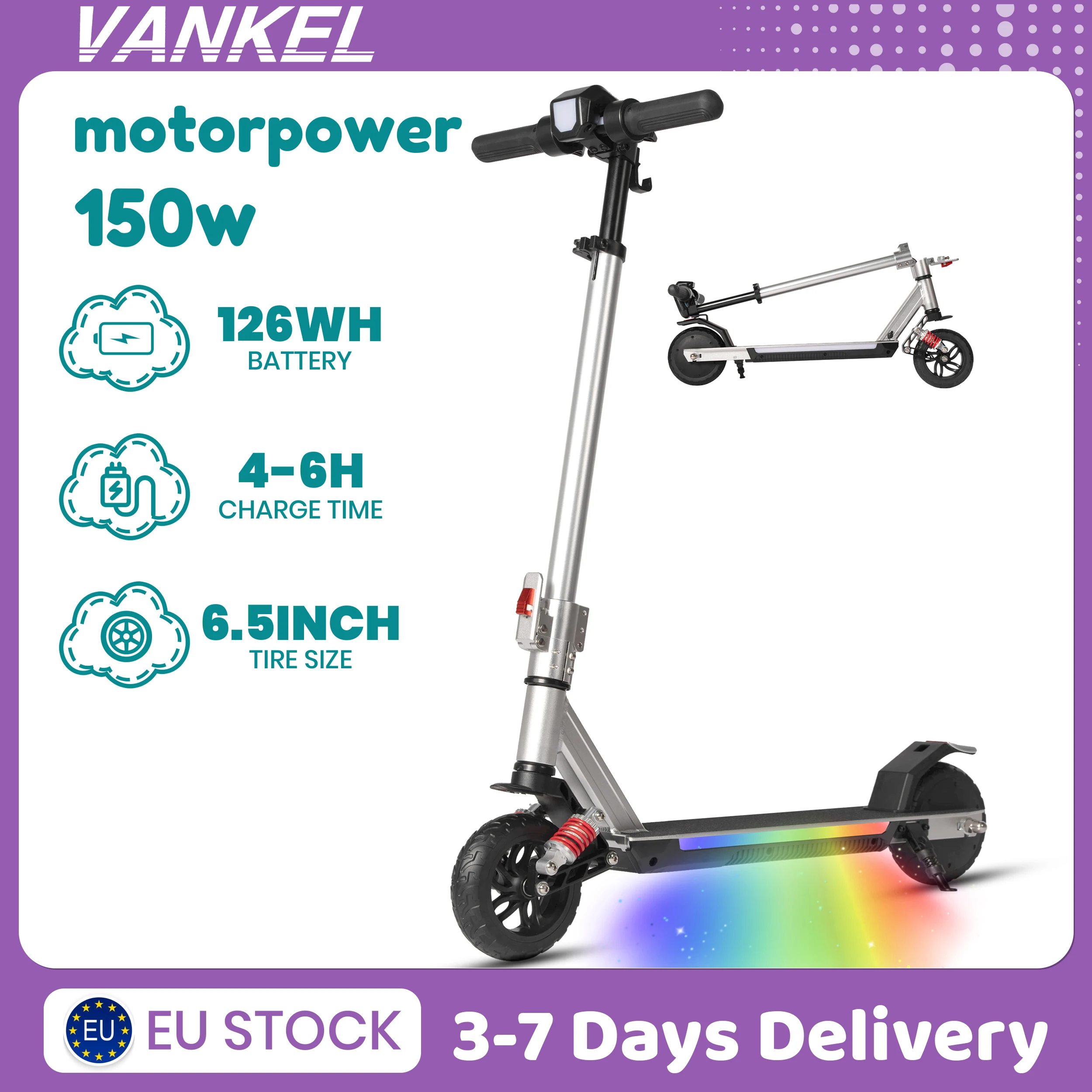 Vankel Kids 6,5-inch opvouwbare elektrische scooter met voorwielvering, 150W, 126Wh, voor jongens en meisjes