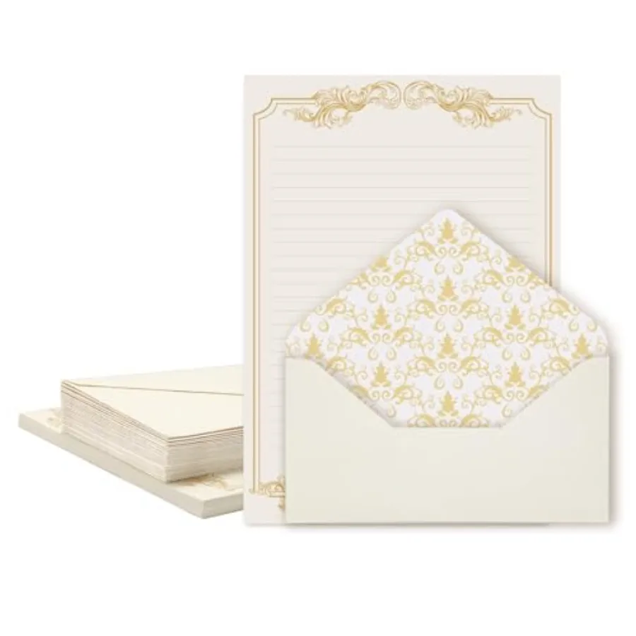 

90 Piece Stationery Set - 60 Vintage-Style Paper Sheets + 30 Envelopes, Gold Border Letter Writing Paper for Love Letters and P