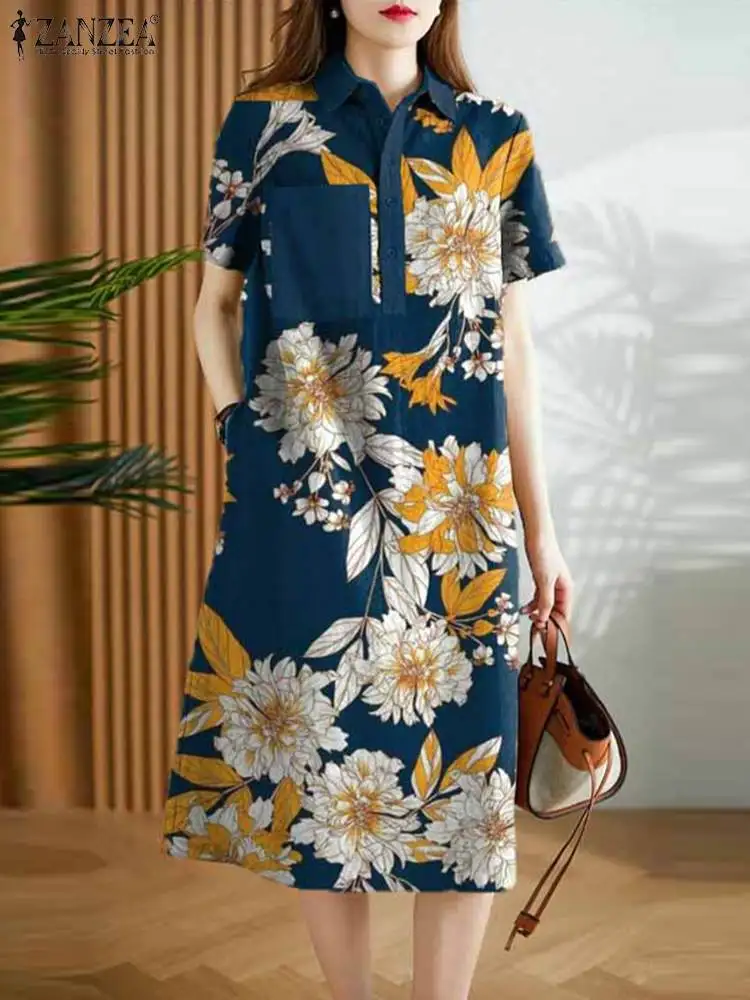 ZANZEA Vintage Floral Printed Vestidos Women Bohemain Shirt Dress Summer risvolto Neck manica corta prendisole elegante OL Work Dress