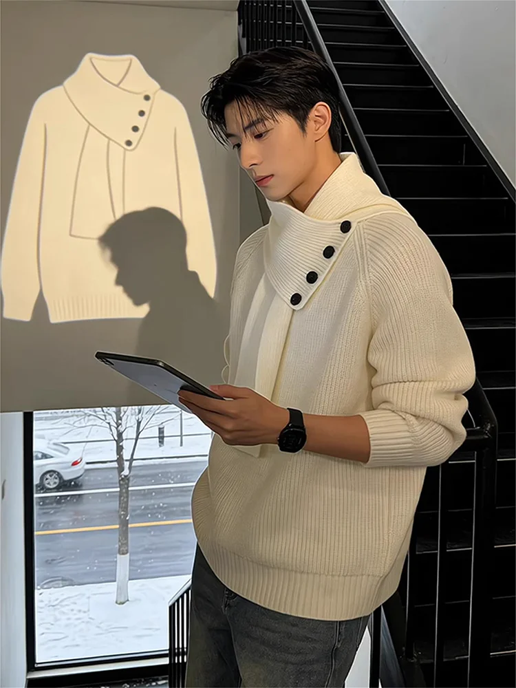 

Мужской свободный вязаный свитер с высоким воротником и встроенным шарфом, осенне-зимний, повседневный, базовый, в корейском стиле