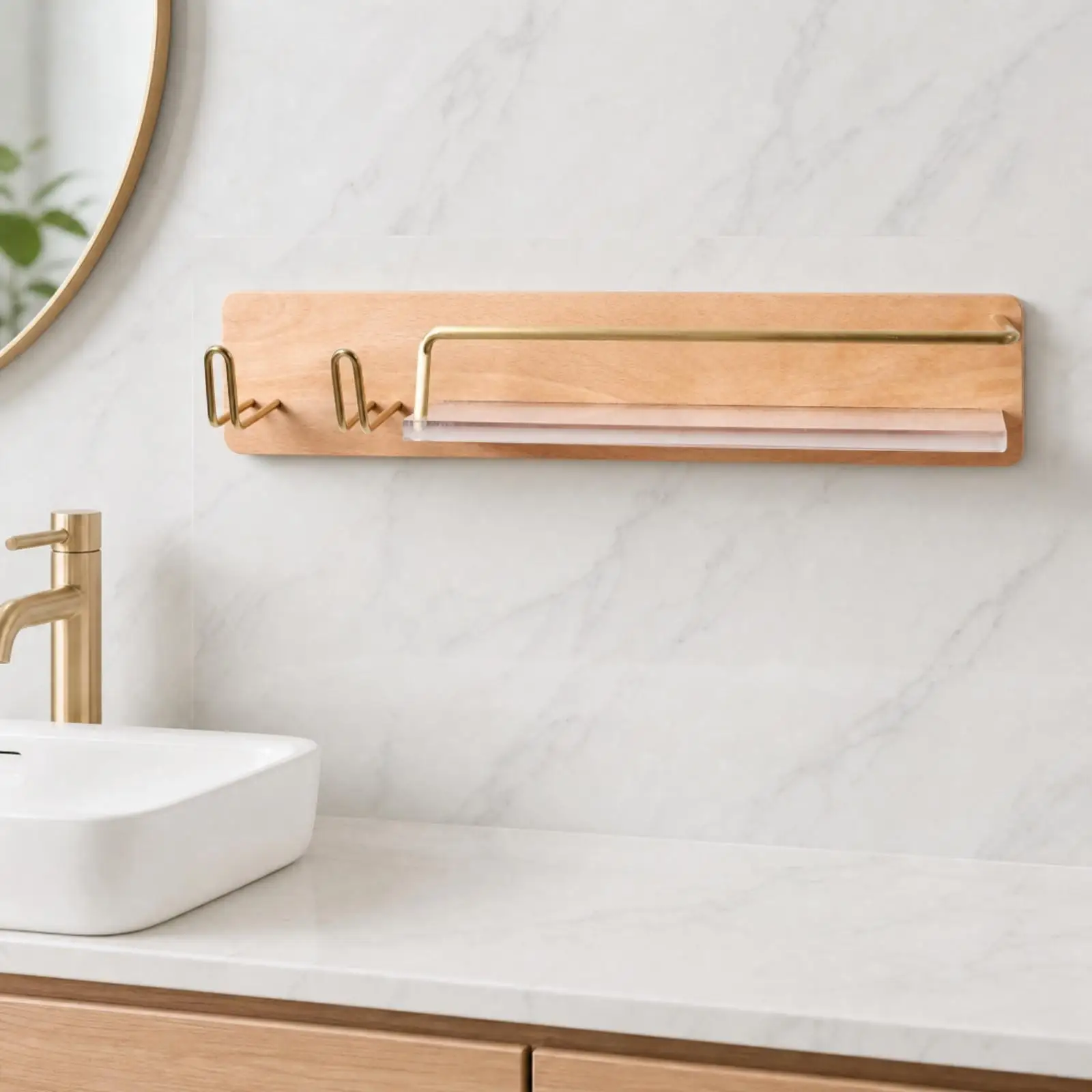 Hair Dryer Storage Rack Wall Shelf Beech Wood Brass Bathroom Organizer for Styling Tools Cosmetics and Small Items