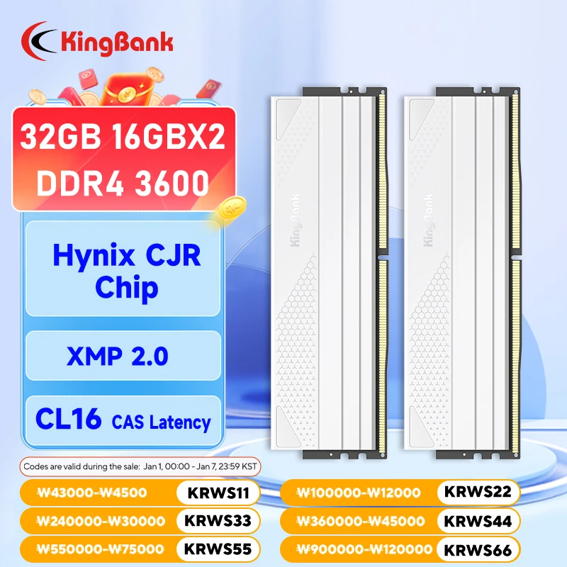 New sale KingBank Memory Ram DDR4 16GB 16gbx2 3600MHz CL16 Hynix CJR Support XMP 2.0 1.4V RAM for Desktop PC Memoria RAM White