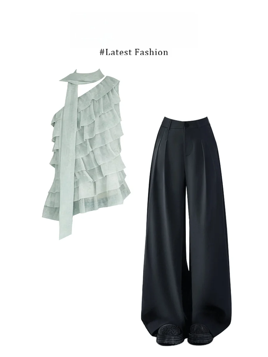 

Asymmetric Cloudy Lace Trimmed Cake Layer Skirt Shoulder Wide Leg Pants Set Casual Loose Fit Summer Fashion Ensemble