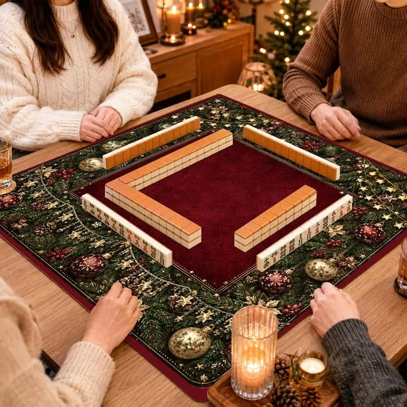 VIKAMA Burgundy Christmas Mahjong Mat Diatomaceous Earth Table Cover Non Slip Absorbent Gold Ornament Pine Game Table Protector