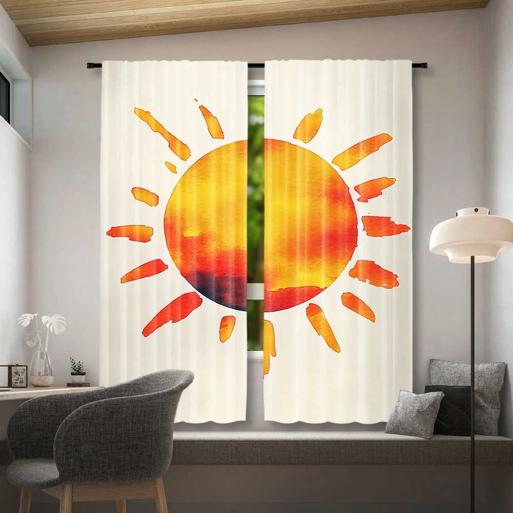 Watercolor Gradient Sun Rod Pocket Curtain Hand Painted Orange Yellow Sun Rays Cream Base Warm Print For Boho Bedroom Nursery
