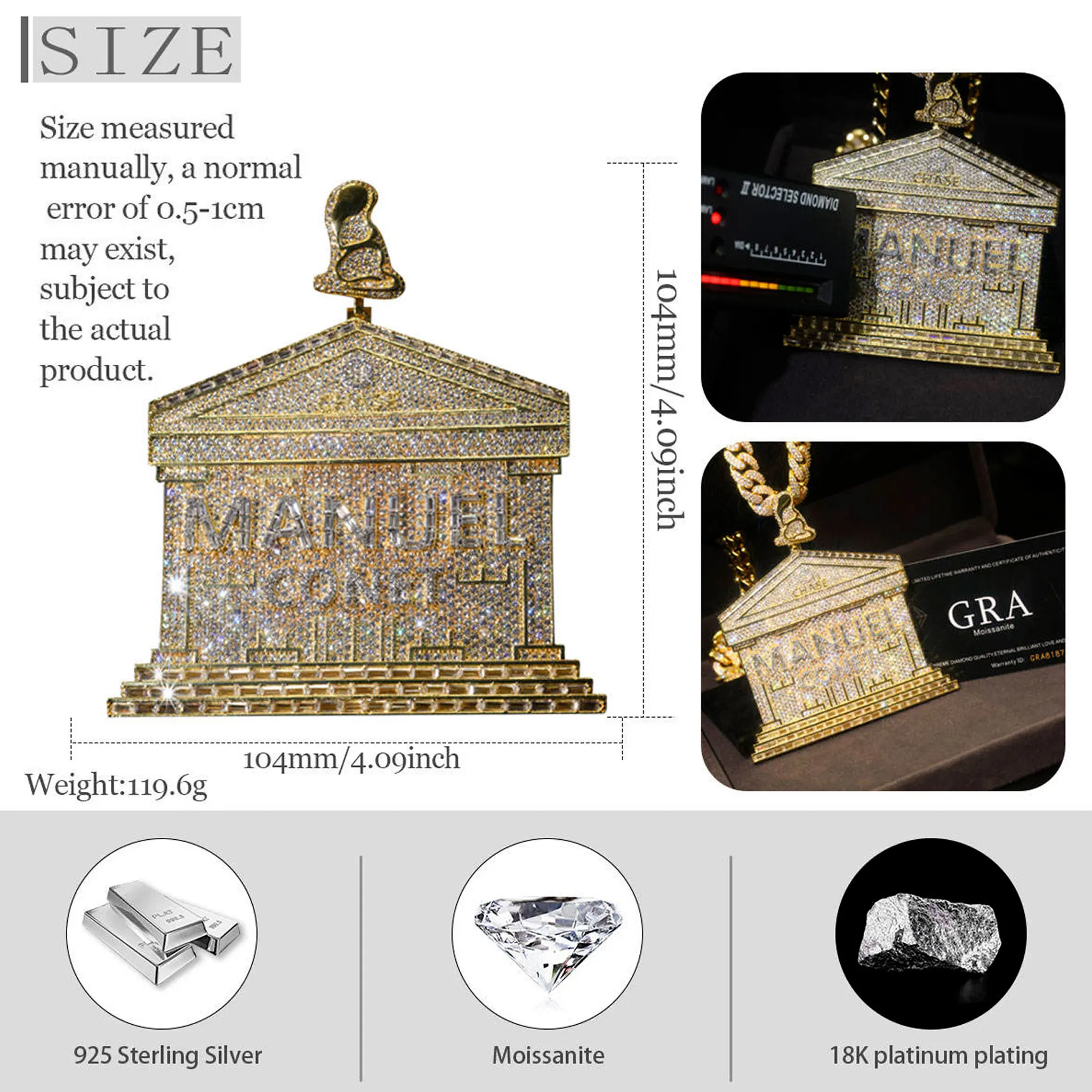 LYEE CYEE 925 Silver 3D Building Shaped Pendant, Bling Moissanite-Encrusted Custom Text Charm, Hip Hop Streetwear Necklace for Men Jewelry