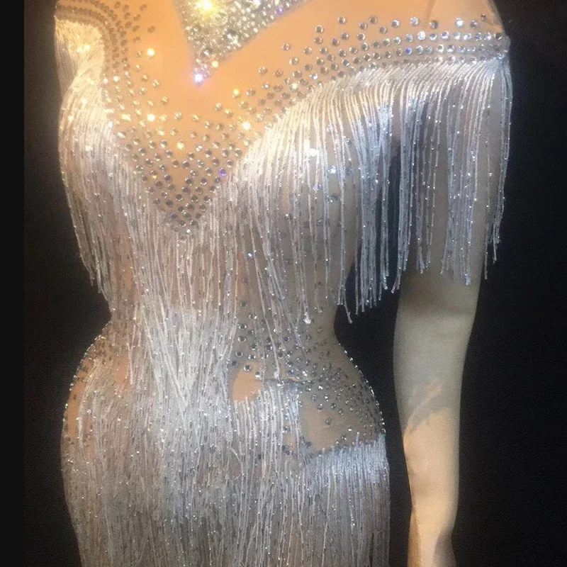 Strass borla vestidos longos perspectiva vestido mulher cantor bar festa de aniversário celebrar trajes drag queen