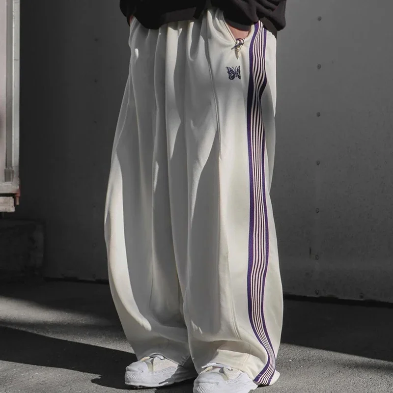 Arrival White Cotton Trousers Butterfly Embroidery+Webbing Track Stripe Zipper Men Women Oversized Casual Wide Leg Pants