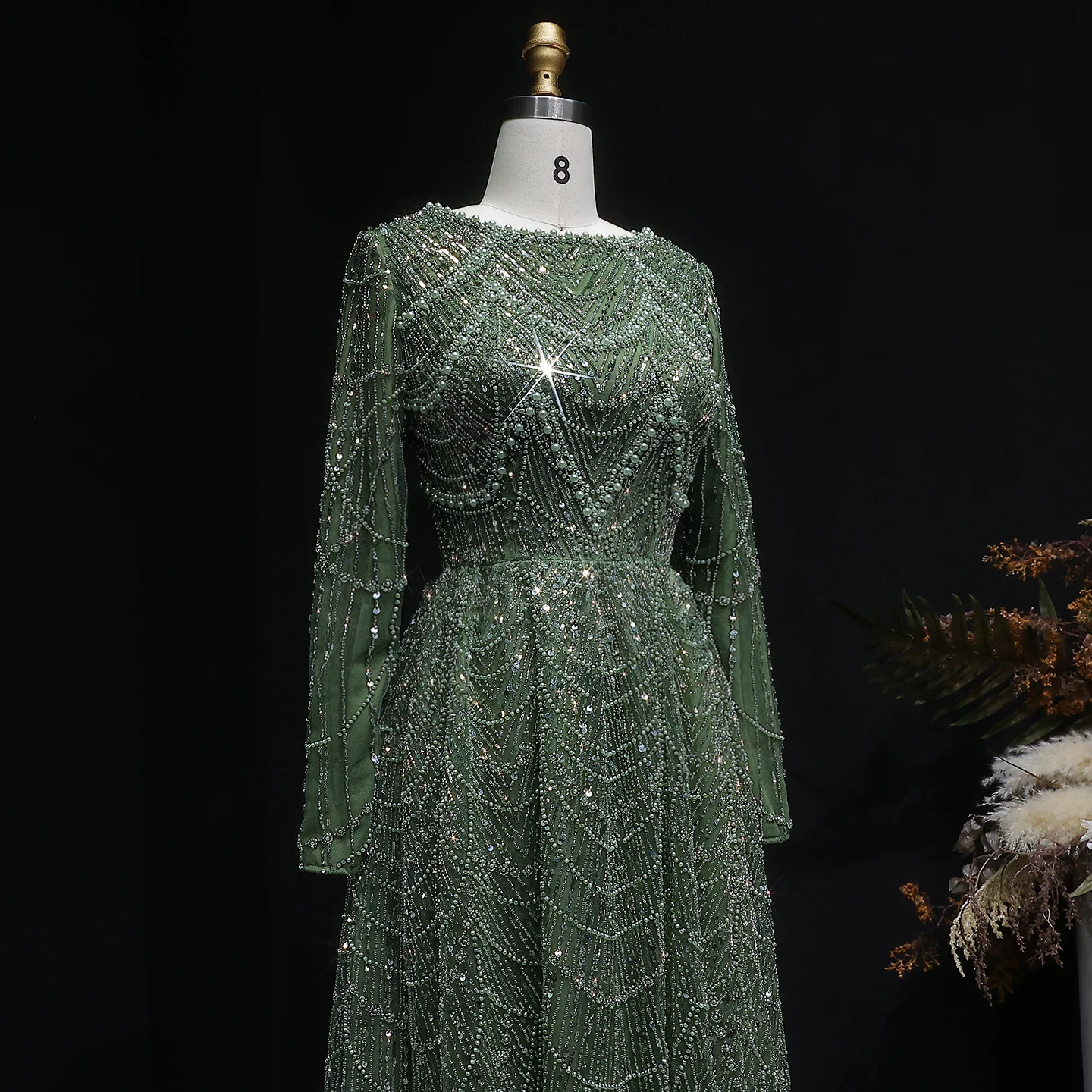 Sharon Said Luxuriöses Dubai-Abendkleid mit grünen Perlen und langen Ärmeln, Saudi-Arabisches Damen-Hochzeitskleid, formelle Partykleider SS625, maßgeschneidert – Detail 11