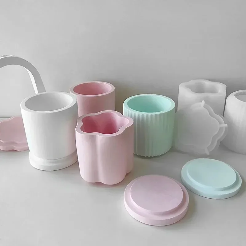 

Jar Silicone Mold With Lid Round Candle Storage Box Plaster Vessel Succulent Flowerpot Cement Mould