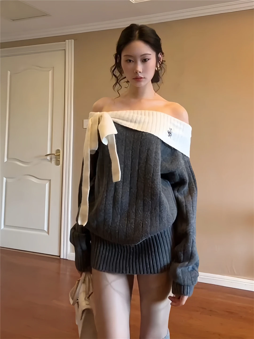 Stunning One-oulder Knitted Dr Women's Autumn Winter Faion Bow-Tied Long Sve Loose Soft Top  Knot Belted D...