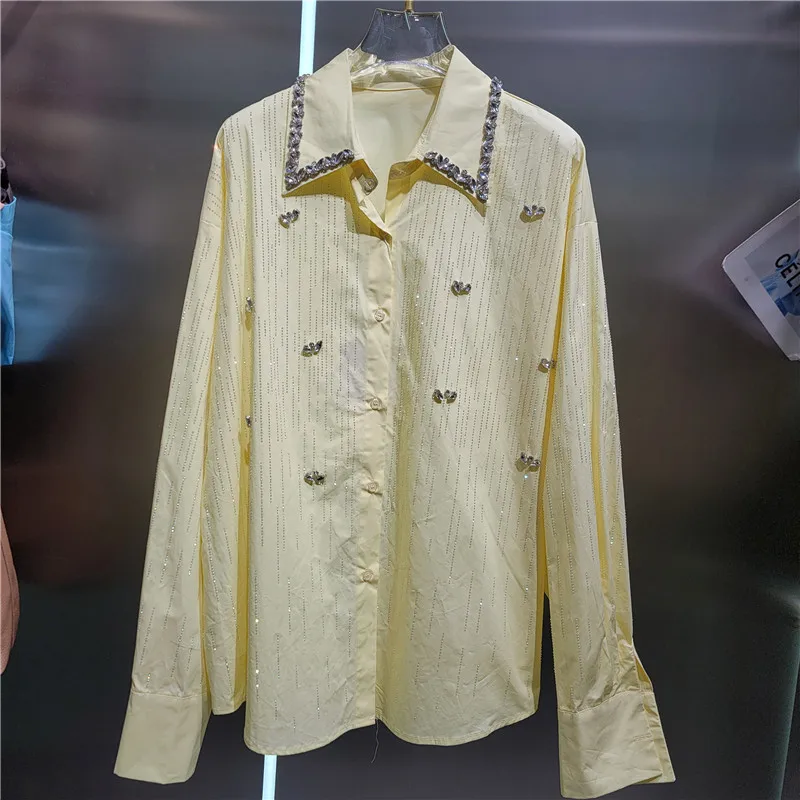 

Heavy-duty Rhinestone Turn-down Collar Long Sleeve Shirt 2026 Spring Korean Elegant Loose Slimming Hot Rhinestone Blouses Top