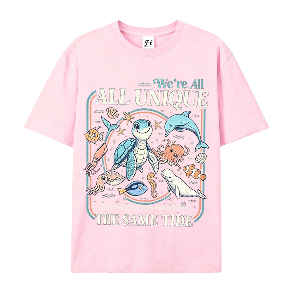 Women T‑Shirt We Are All Unique The Same Tide Graphic Tees Ocean Sea Animal Turtle Dolphin Octopus Print Casual Short Sleeve