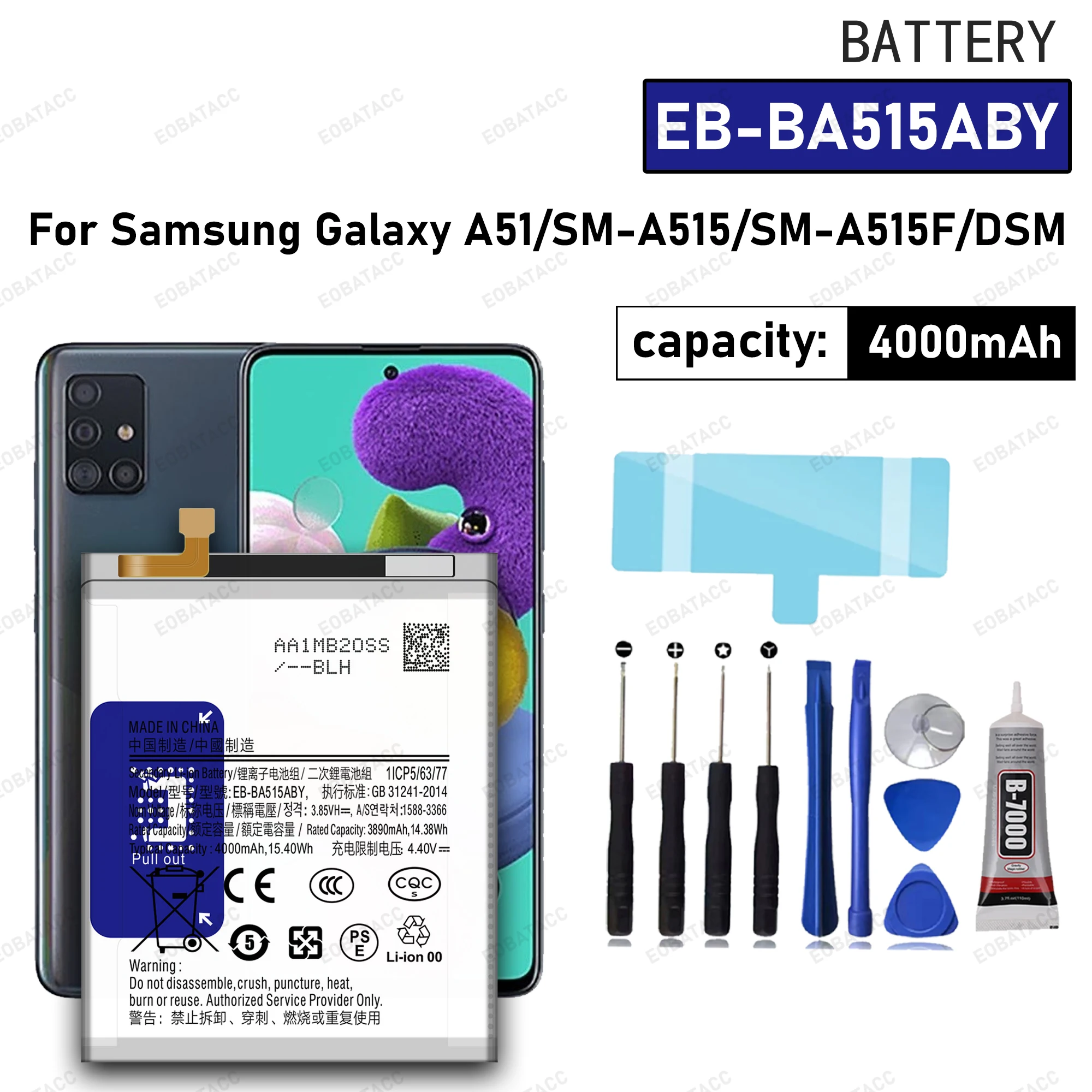 

100% New High Quanlity EB-BA515ABY Replacement Battery For Samsung Galaxy A51 SM-A515 SM-A515F/DSM Batteries+Free Tools