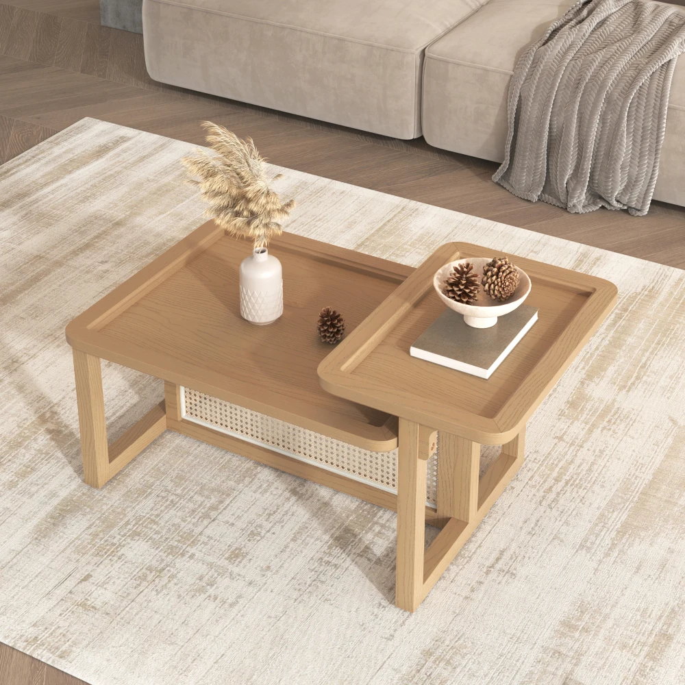 Conjunto moderno de 2 peças de madeira de vime + mesa de centro MDF em natural