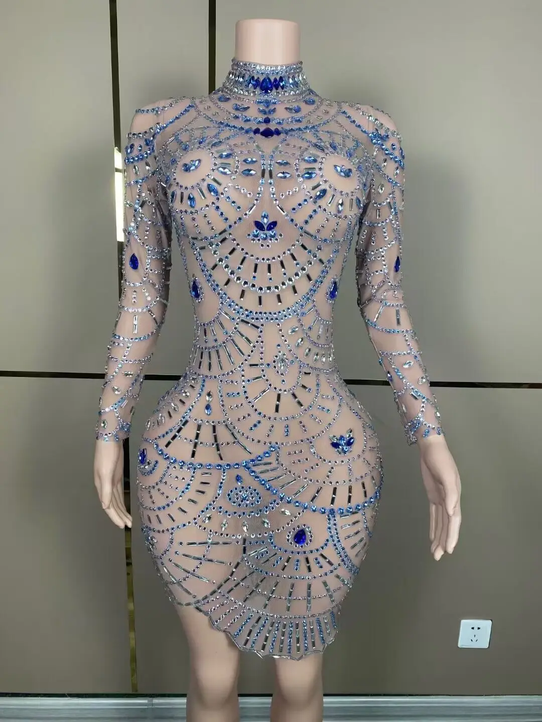 Customized Women Long Sleeve Sexy Mesh See Through Bodycon Midi Dress Big Crystal Nightclub Party Bar Singer Performance Costume