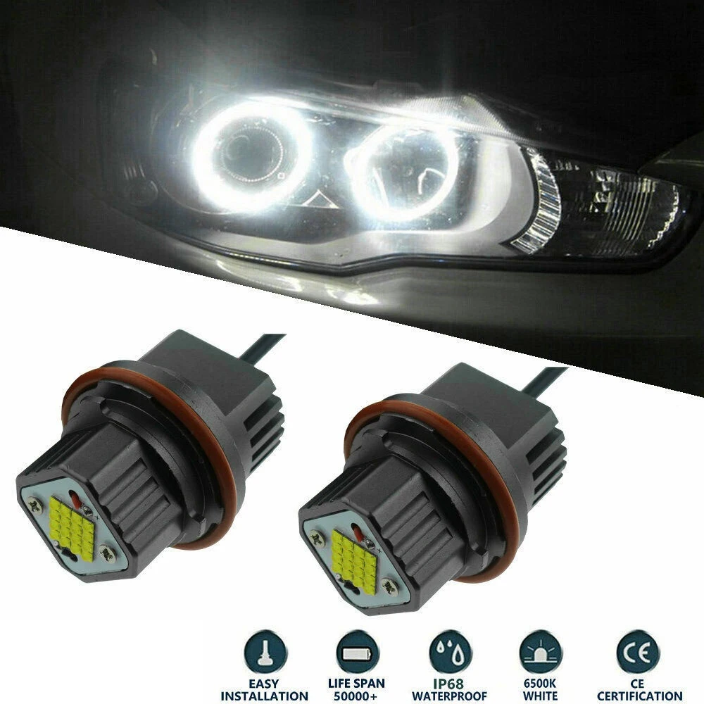 ไฟหน้า LED วงแหวนฮาโลเจนดวงตานางฟ้าสีขาว2ชิ้น80W 6000K สำหรับ-BMW 1 5 7ซีรีส์ X3 X5 E39 E60 E66 E87