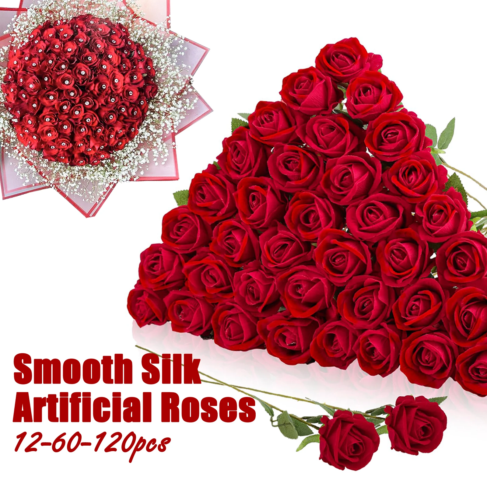 12-200Pcs Artificial Rose Flower Silk Roses with Diamond Valentine's Day Gift Fake Roses Red Roses for DIY Wedding Party Decor