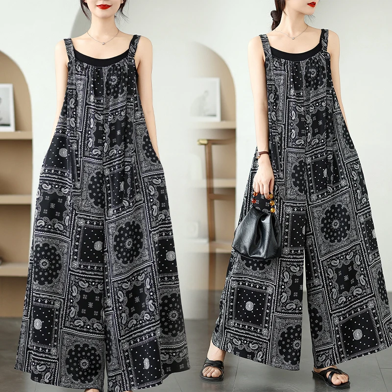 بدلة نسائية صيفية فضفاضة بأرجل واسعة وياقة على شكل V بدون حمالات، مصنوعة من ألياف البوليستر المريحة والعملية