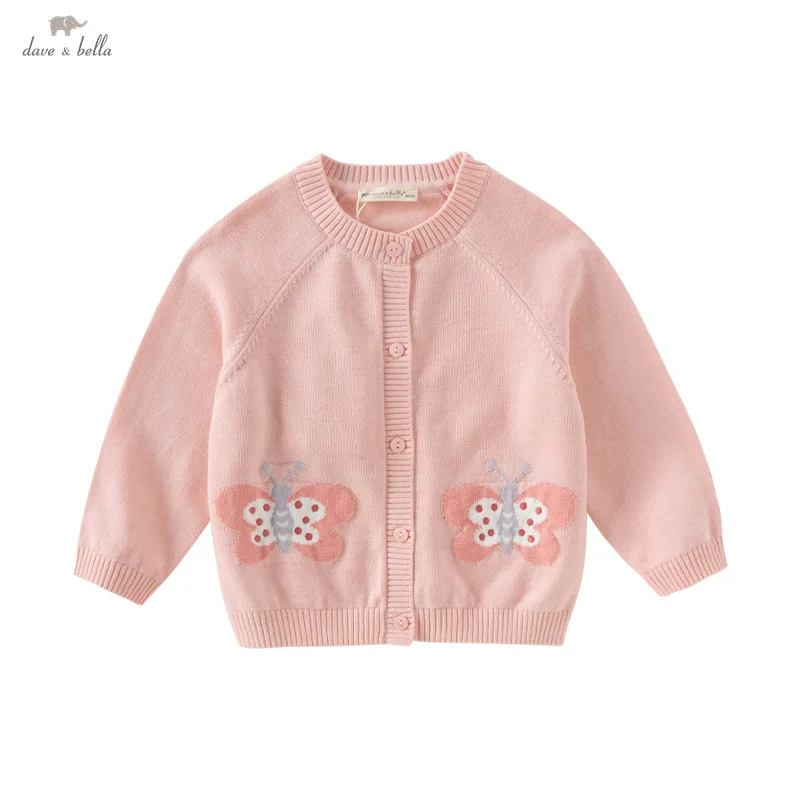 Dave Bella Girls Baby Top Knitted Cardigan 2025 Spring Sweet Cute Butterfly Children's Pure Cotton Sweater Pullover DB1250913