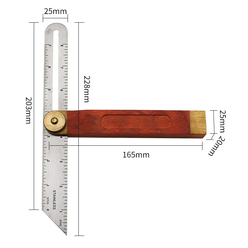 Red Wooden Handle Movable Angle Ruler Diagonal  Ruler 9-inch Stainless Steel Ruler Body, Adjustable , Hardware Measuring