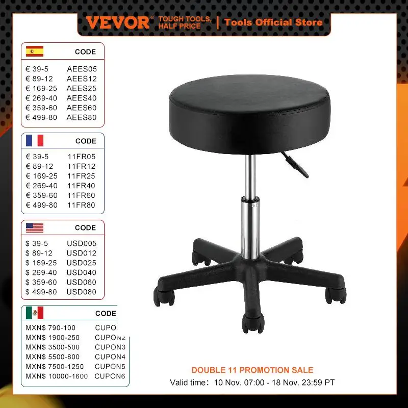 Vevor Rollende Ronde Kruk 40 Cm Diameter Met 5 Zwenkwielen 360 ° Rotatie Hoogte Verstelbare Ronde
