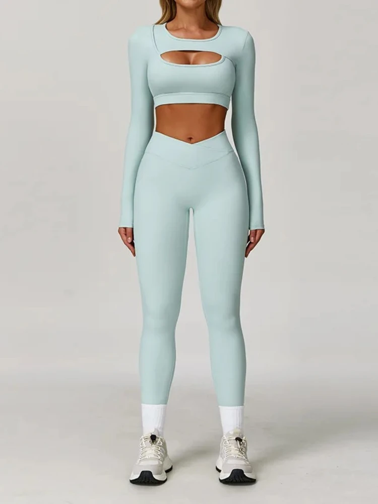 Women 2 Piece Yoga Set Long Sleeve Workout Tracksuit Gym Sportswear Athletic Wear Fitness Bra Top Legging Sports Clothes