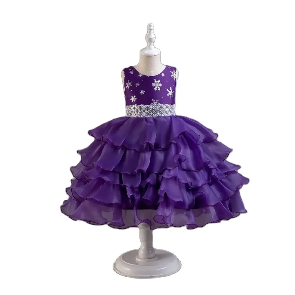 Purple girl fluffy mesh sequin cake dress sleeveless Kids party dress for 2 to 10 years child holiday clothing