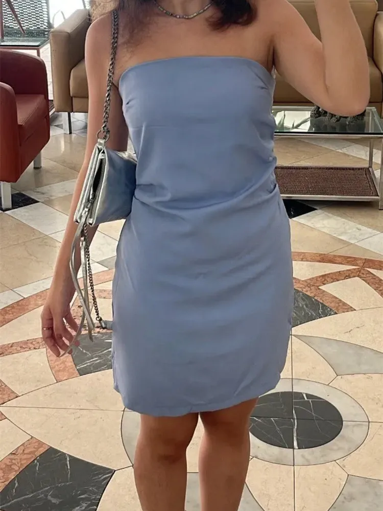 TRAF 2024 Off Shoulder Mini Dress Woman Blue Black White Bodycon Dress Women Backless Sleeveless Summer Sexy Party Short Dresses