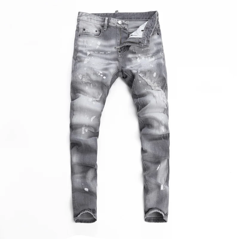 American Fashion New Men's Grey Jeans Washed Nostalgic Stretch Slim Fit Perforated Patch Cone Pants Y2K
