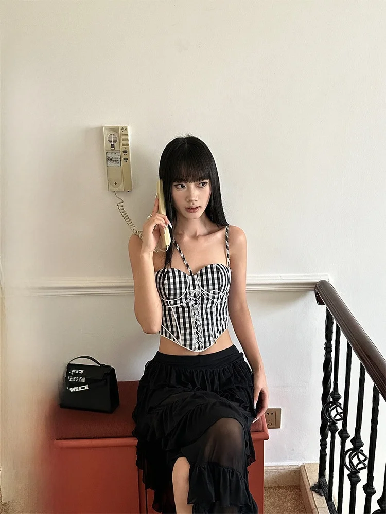 

Женский топ Venuii Bla White в клетку с короткими бретелями, американский ретро-стиль, сексуальный, утягивающий, с поддержкой талии и груди, из хлопка, нейлона и спандекса