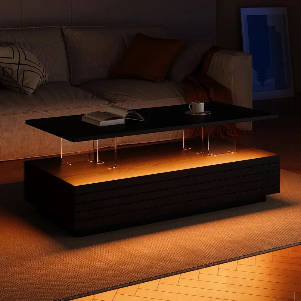 Mesa de centro LED preta moderna Mesa de sala de estar retangular de 2 gavetas de 47,2 polegadas com luzes multicoloridas