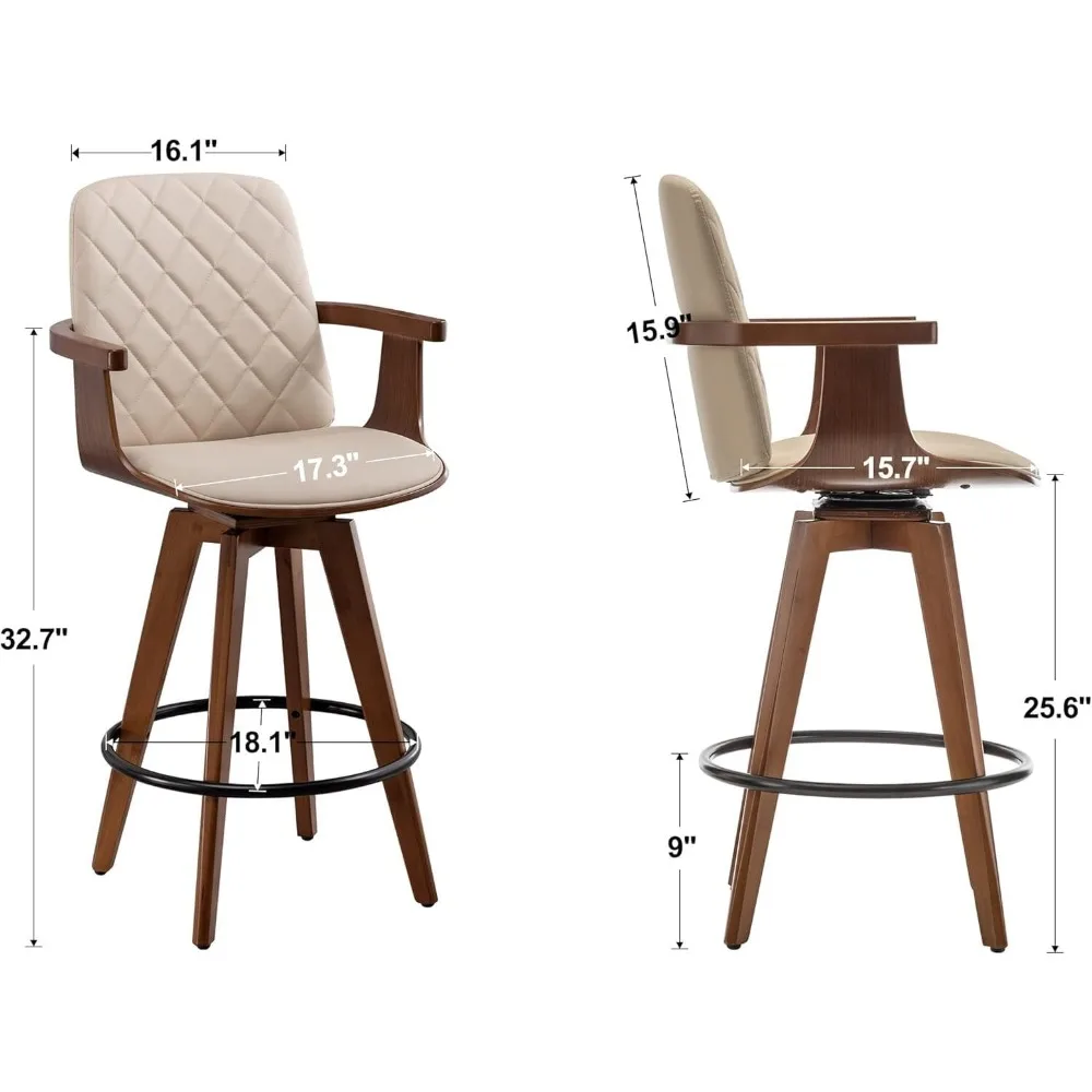 Bar Stools Set of 2, Upholstered Faux Leather Counter Height Stools, Swivel Barstools with Wooden Arms and Legs,  Seat Height