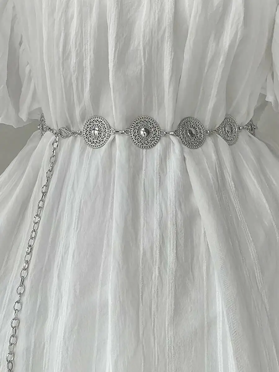 1pc Women's Gold Round Shape Cutout Metal Waist Chain, Matching Dress Accessory Boho Halloween Summer, School Fall, Autumn, Halloween
