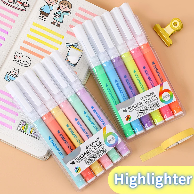 

6 Colors/box Morandi Highlighter Pen Set Fluorescent Pens Art Drawing Markers Highlighters Pens Japanese Cute Pastel Stationery