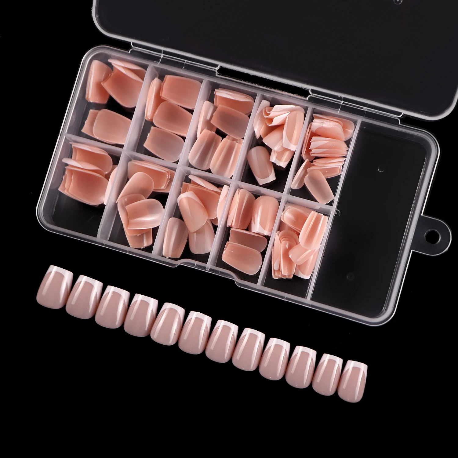 أظافر اصطناعية أكريليك قابلة لإعادة الاستخدام ، طرف فرنسي أبيض ، اضغط على أظافر مزيفة مربعة متوسطة ، غطاء كامل ، أظافر عارية لامعة ،