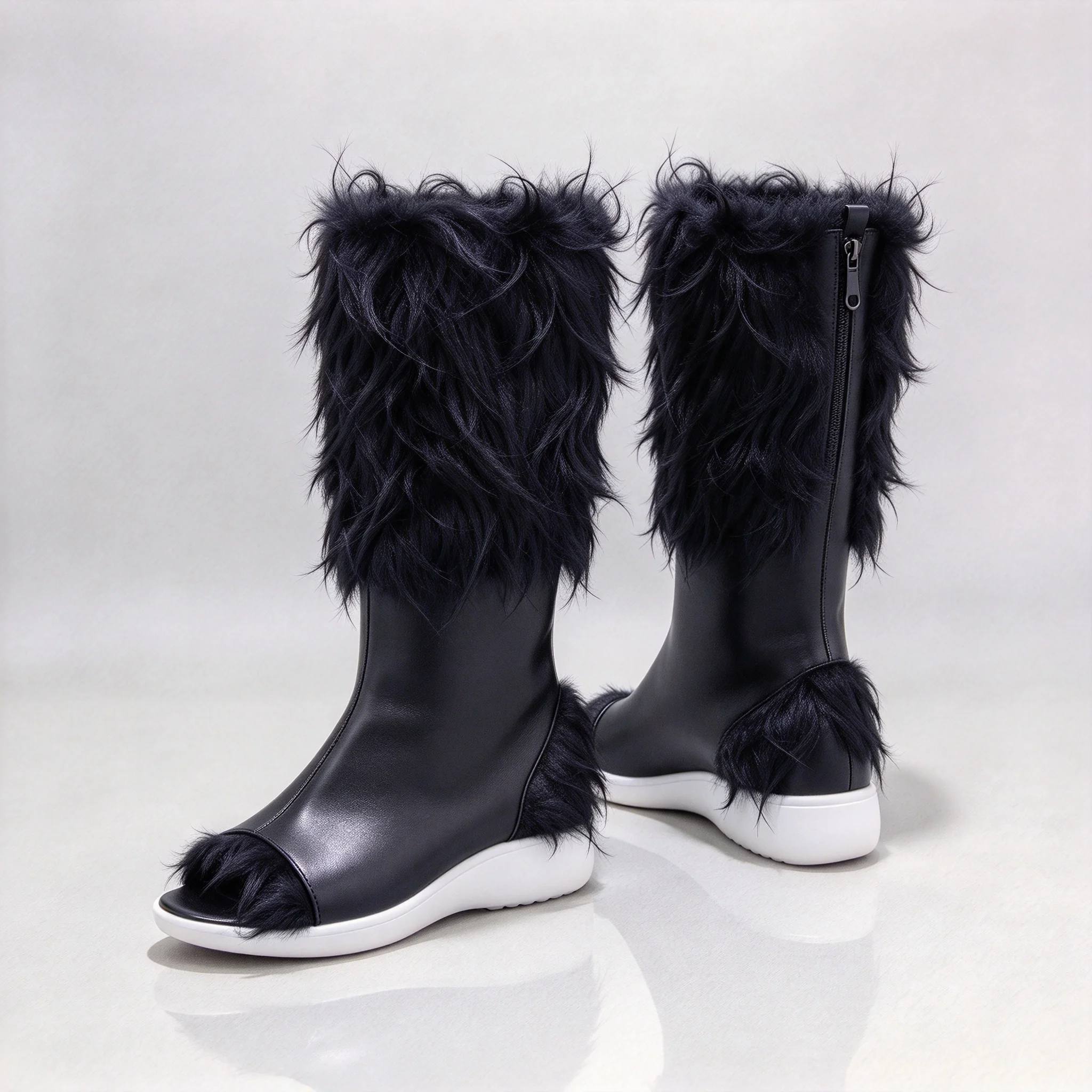 In Stock Inosuke Hashibira Cos Boots, Inosuke Cosplay Shoes, Black Fur Trim Open Toe Knee High Boots for Halloween Comic Con Rol