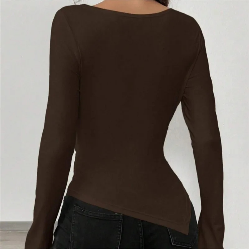 Casual T Shirt Tees All-match Long Sleeve Tops Blusas Simple Style Temperament Bodycon Irregular Hem Pleated V-link Off Shoulder