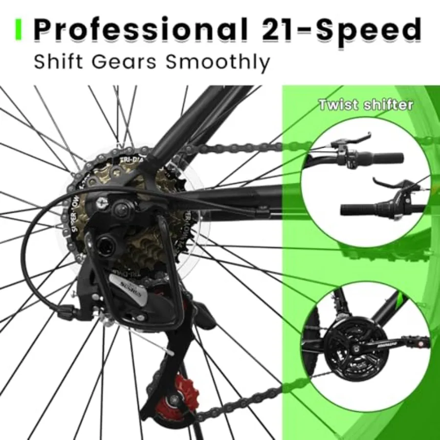 24 Inch Mountain Bike 21 Speeds Bicycle with Dual V-Brake High-Carbon Steel Frame Full Suspension MTB for Trail Commuter City B
