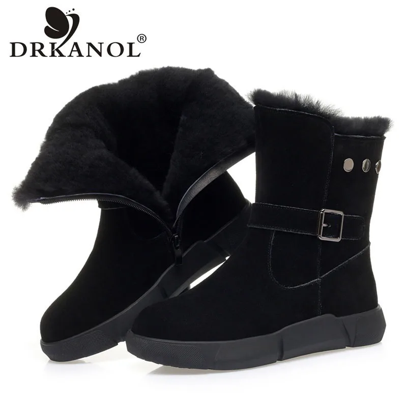 

DRKANOL Classic Snow Boots Women Winter Shearling Wool Warm Mid Calf Boots Quality Cow Suede Leather Zipper Flat Fur Shoes Lady