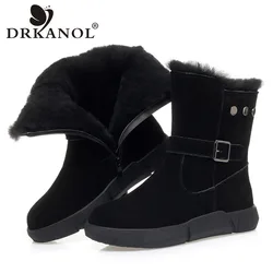 DRKANOL Classic Snow Boots Women Winter Shearling Wool Warm Mid Calf Boots Quality Cow Suede Leather Zipper Flat Fur Shoes Lady