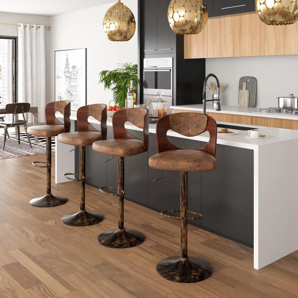 

360°Swivel Bar Stoolss Set of 4,Kitchen Island Stools w/Bentwood Back,Arm&Footrest, PU Leather Cushion Seat Adjustable Height