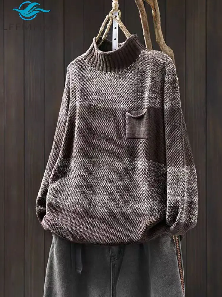Women's Winter Half-Turtleneck Oversized Sweater, Vintage Ombre Knitwear Tops Loose Fit Casual Pullover