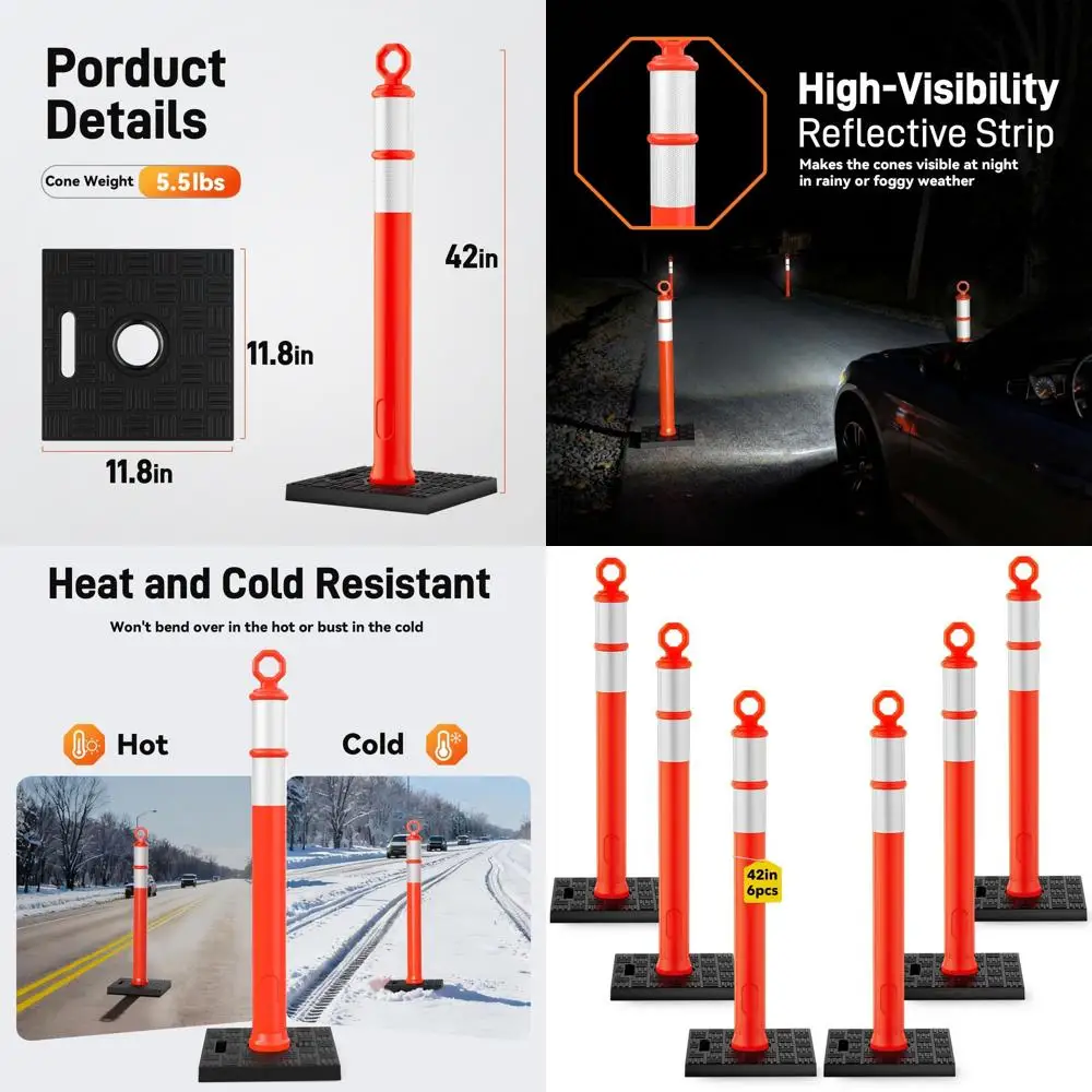 

42-Inch Traffic Delineator Posts, 6-Pack, Tall Traffic Cones with Base for Driver Training and Parking Lot Safety
