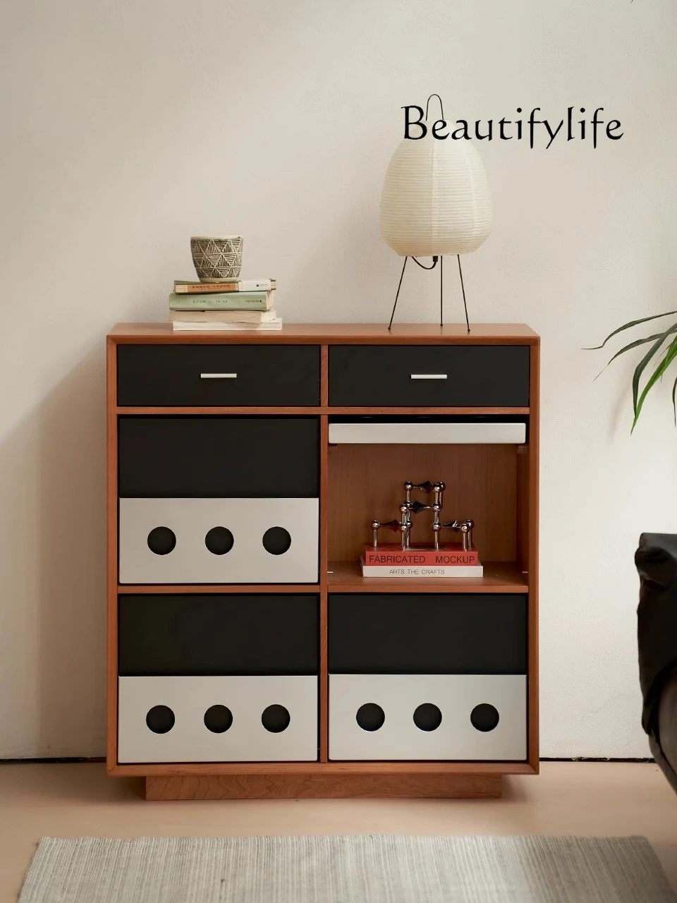 

Paradise four-grid cabinet solid wood upturn door retro Bauhaus side magazine cabinet living room storage cabinet