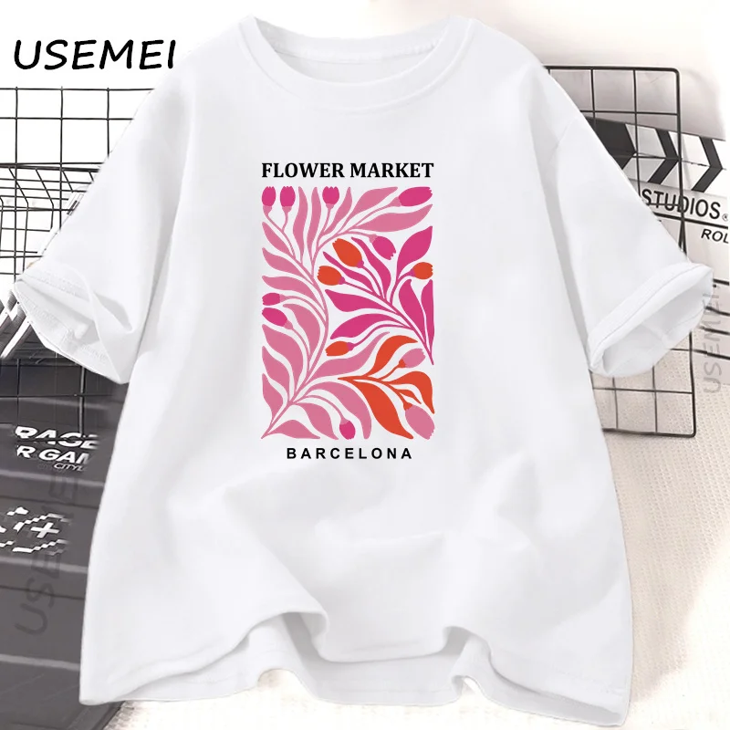 Flower Market Barcelona Tshirt Woman Cotton Flower T-shirt Casual Short Sleeve Round Neck Summer Graphic T Shirts Clothes Tops