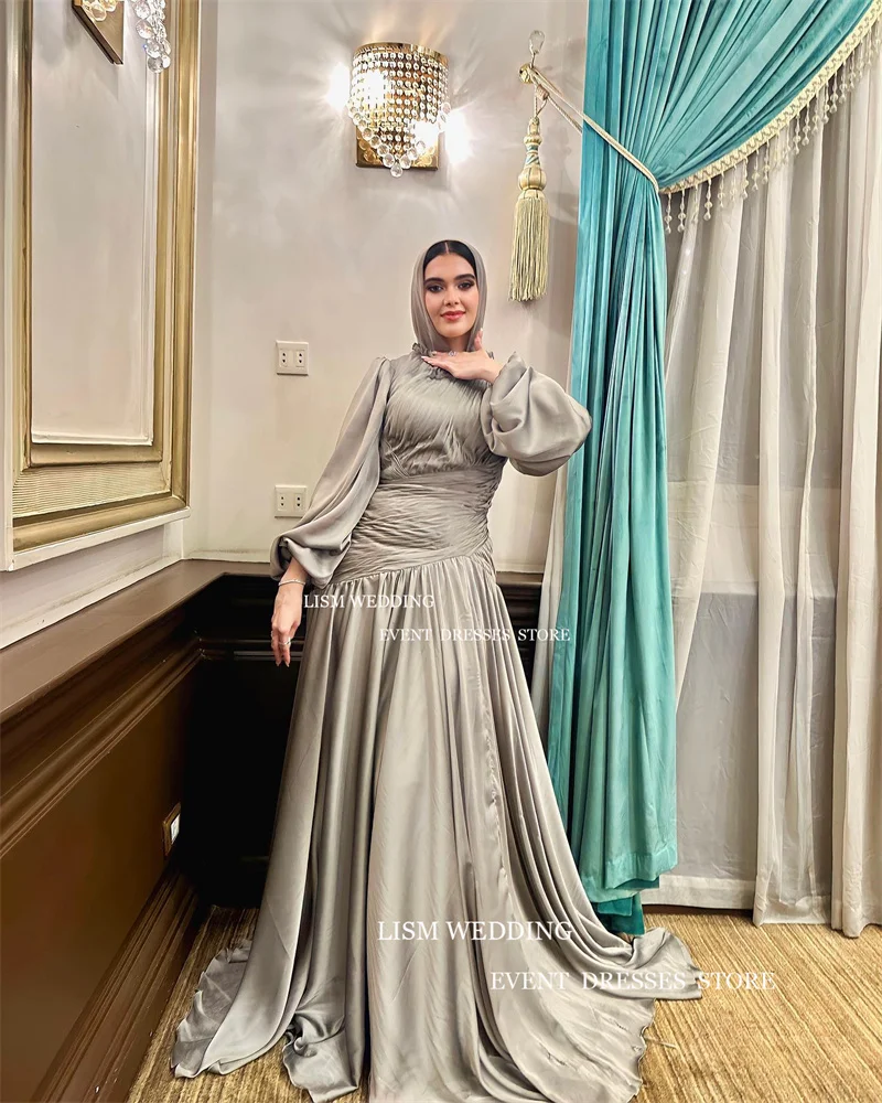 LISM Vintage Muslim Evening Dress Pleats Satin A Line Prom Gown Long Sleeve Formal Occasion Dresses With Veil Custom Made