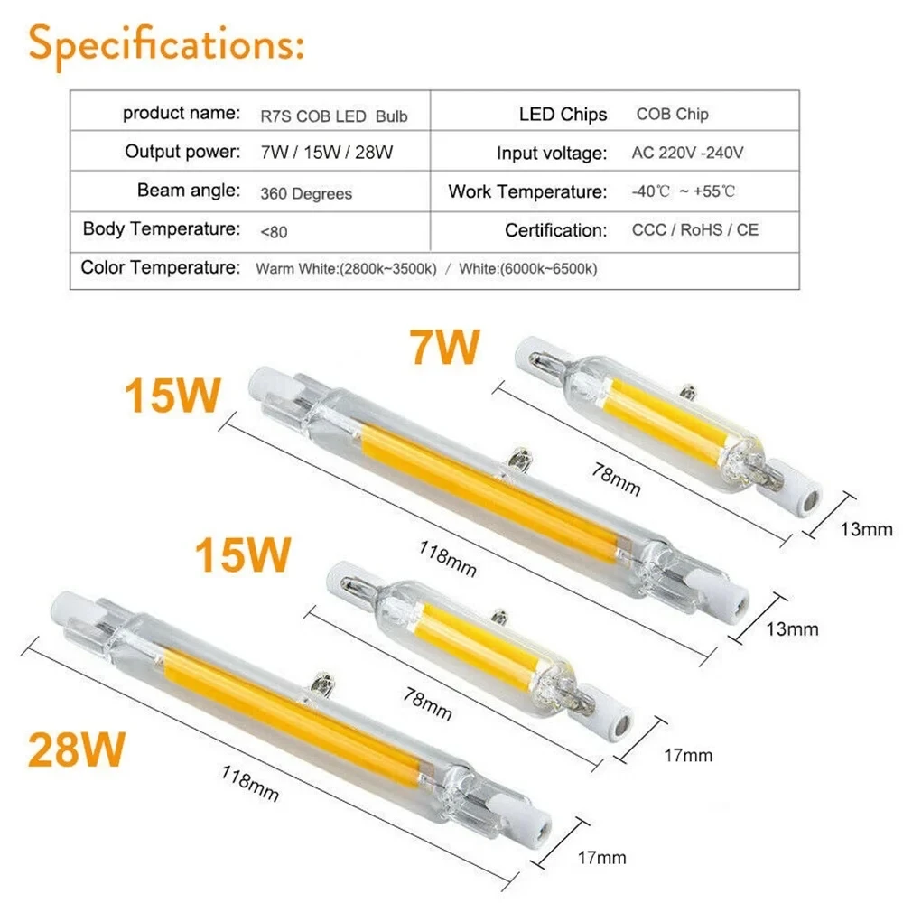 Tubo de vidro regulável Lâmpada LED, R7S, COB, 78mm, 118mm, 7W, 15W, 28W, J78, J118, 110V, 220V, Quente, Legal, luz branca neutra