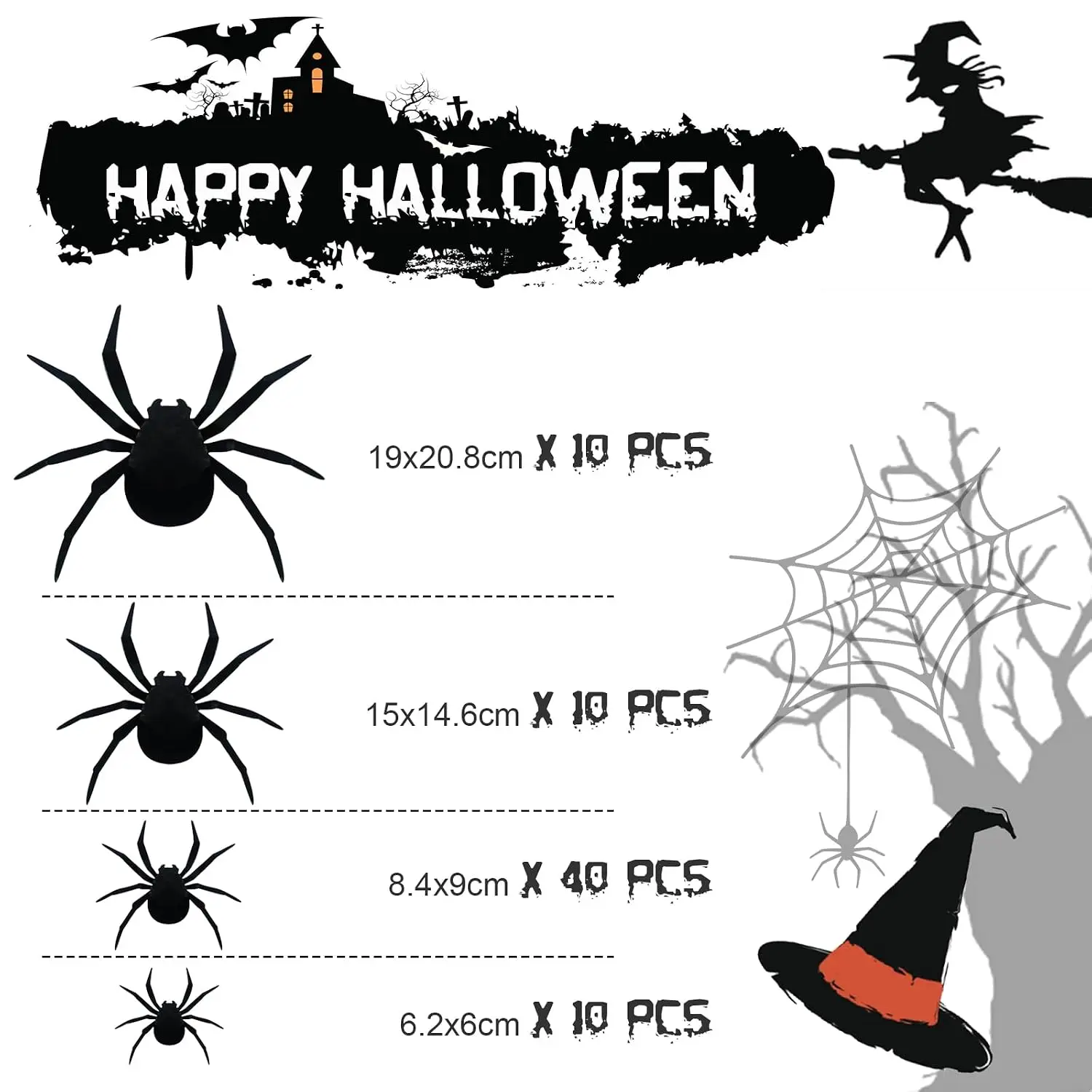 70Pcs 3D Plastic Spider Stickers Halloween Decor 4 Sizes Indoor Outdoor Wall Window Décor, Customized