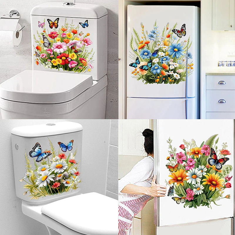 Butterfly & Flower Waterproof Toilet Seat Sticker Self-Adhesive Decorative Bathroom Decals for Toilet Beautification